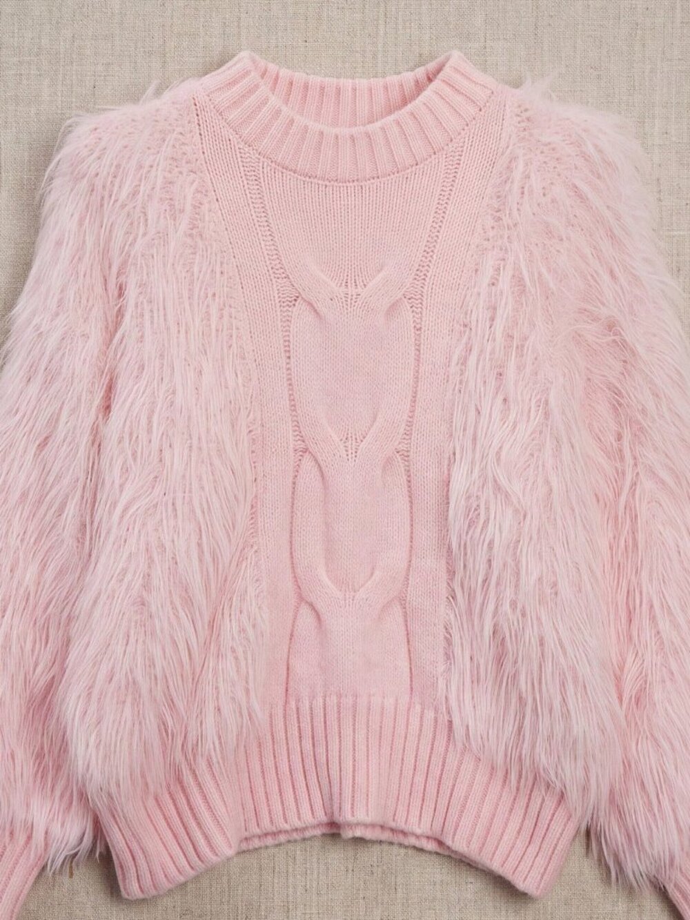 Pink Casual Women's Stand Collar Fuzzy Trim Long Sleeve Sweater - Picture 5 of 7